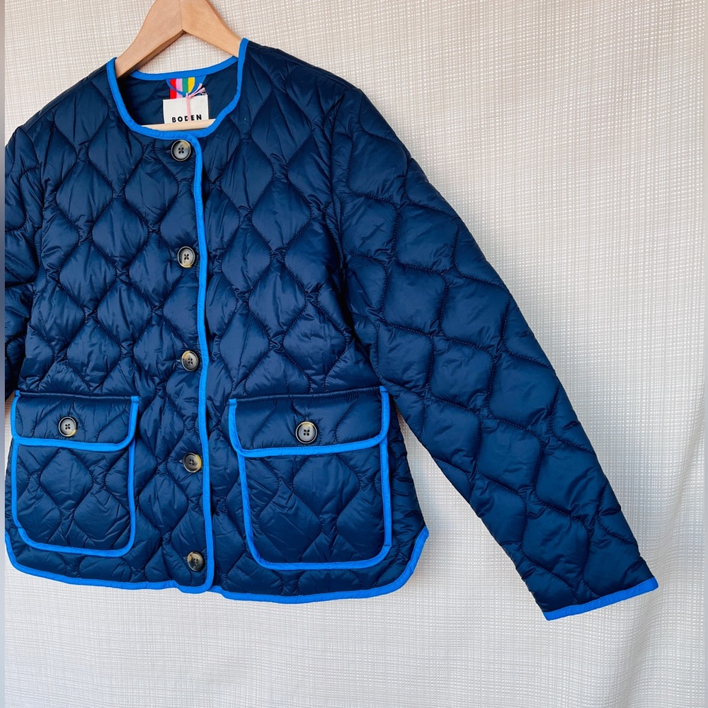 NWT Boden Quilted Jacket Preppy Collarless Jacket Quilted Coat Contrast Piping - Picture 4 of 15